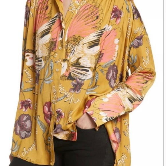 Free People Magnifique Marigold Long Sleeve Oversized Button Down EUC Size M - Picture 2 of 15